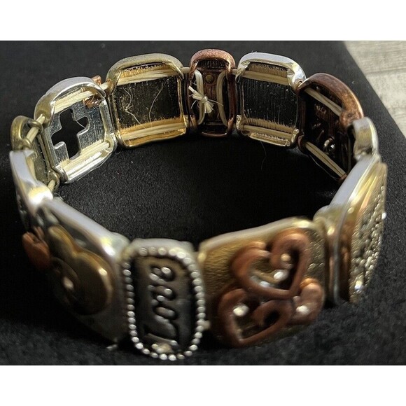 Mixed Metal Spiritual Faith Hope Love Hearts Christian Stretch Bracelet 8" - Picture 8 of 9